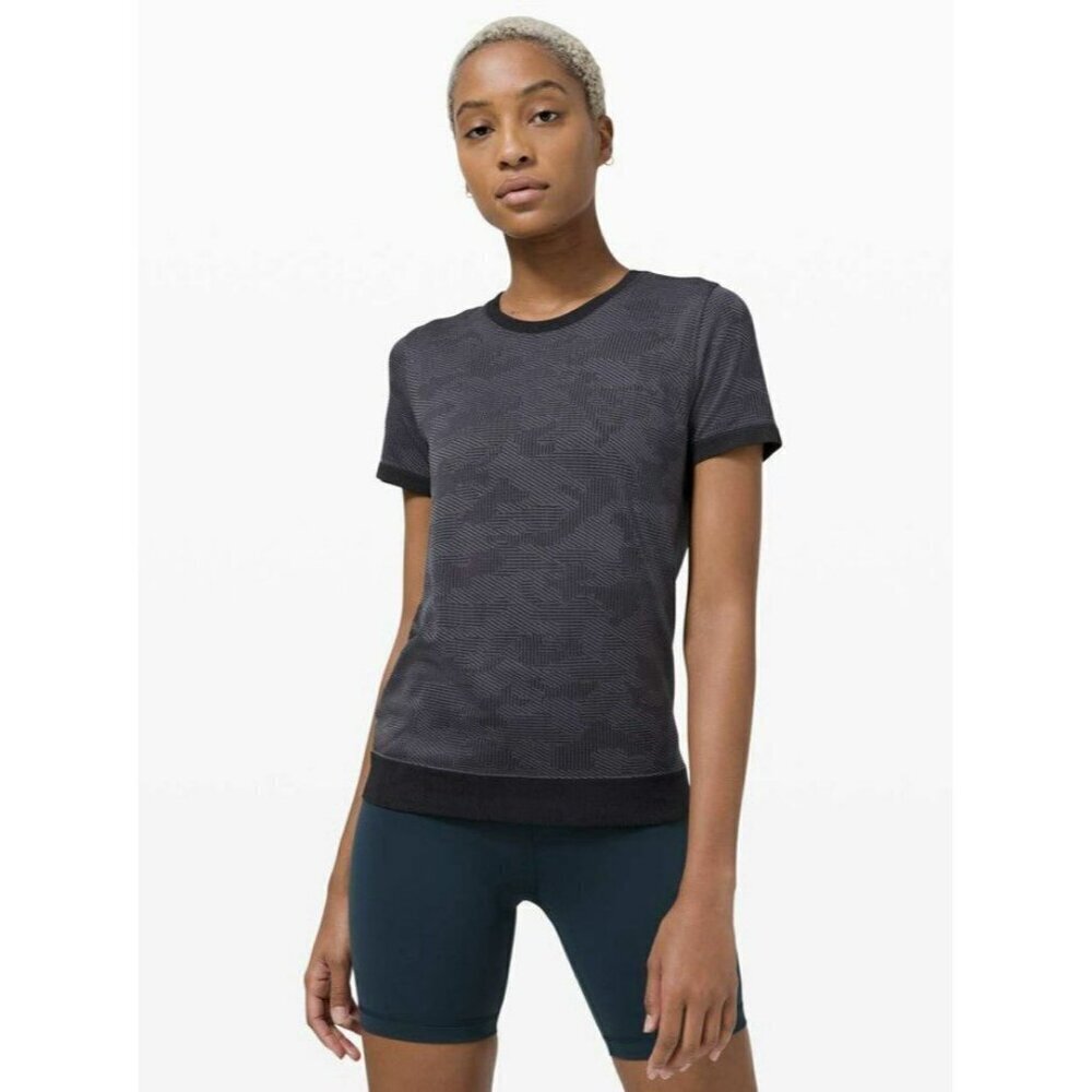 Lululemon Swiftly Breathe Short Sleeve Camo Vented Camo Black Asphalt Grey Sz 4